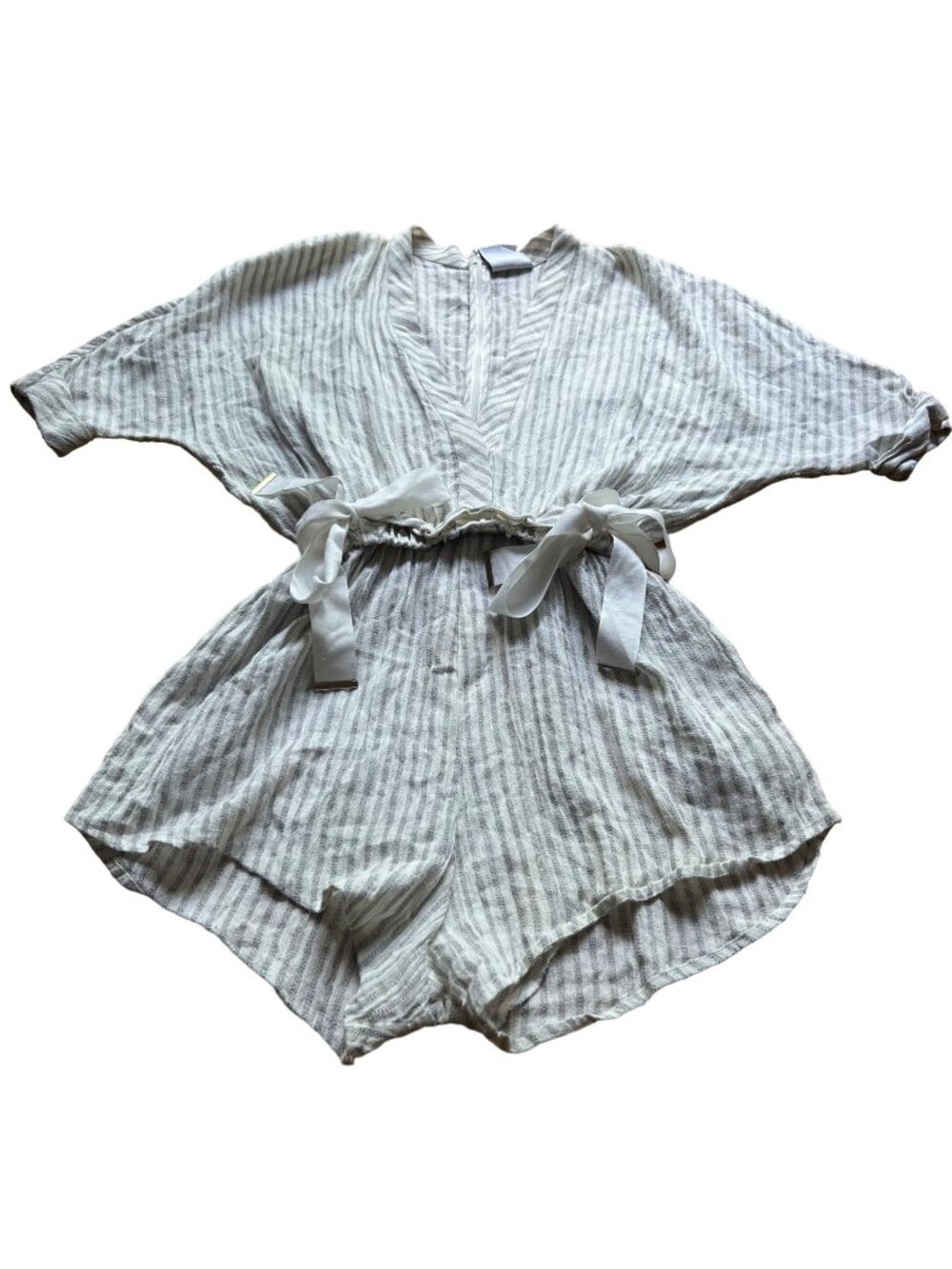 Acler Size 2 Tan & Cream Preston Deep V Striped Linen Paperbag Romper